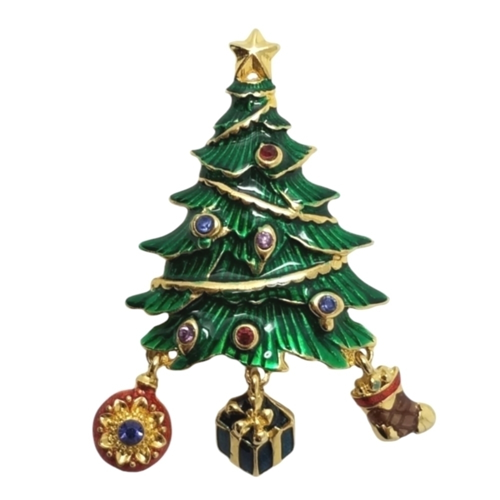 Vtg Christopher Radko Christmas Tree Pin Brooch Signed Dangle Enamel Rhinestone